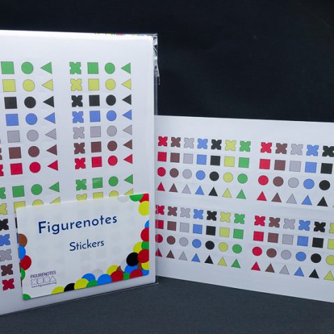 A sheet of Figurenotes stickers. There are enough stickers for 4 pianos.