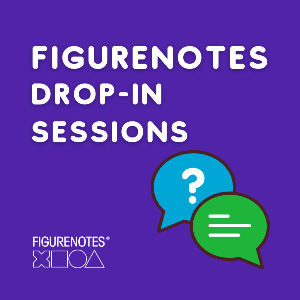 Purple background infographic with two speech bubbles. One blue with a white question mark and the other green with white lines a kin to lined paper. Text reads "FIGURENOTES DROP-IN -ΙΝ SESSIONS."
