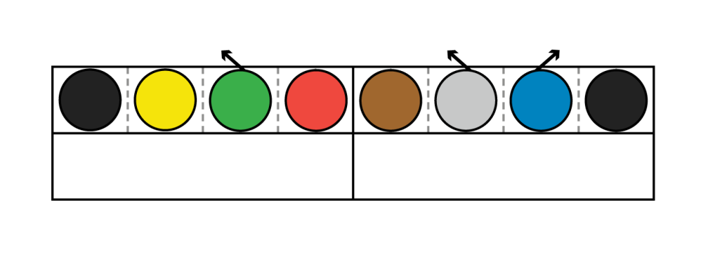 G harmonic minor scale in Figurenotes notation. Arrows on top of the shapes show sharps and flats