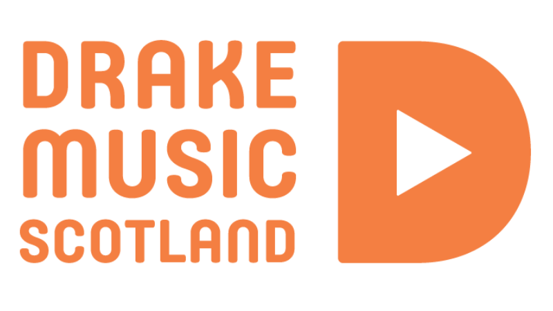 Drake Music Scotland logo. A capital D with a triangle hole in the centre that looks like a play button.