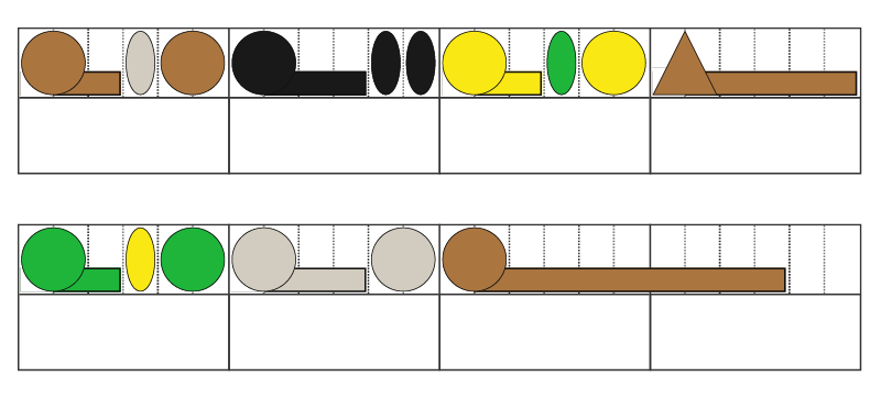 Skye Boat Song written in Figurenotes. Coloured circles sit within boxes that represent bars. Tails are added to the longer notes. Shorter notes are squashed.