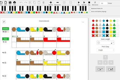 The Notate programme in action. A score for greensleeves sits within a workspace including a note pallette, keyboard, and note controls.