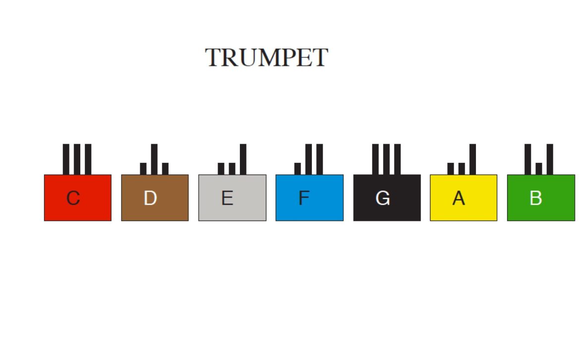 A coloured box for each note of the musical alphabet. 3 vertical black lines stick up out of the top of the box. Shorter lines show valves that are pressed down, while longer ones show valves that aren't pressed.