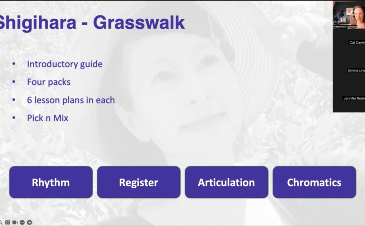 A screenshot of the webinar. Shigihara - Grasswalk. Summation of the pack, themes within, and an image of the presenter in the top right of the screen.
