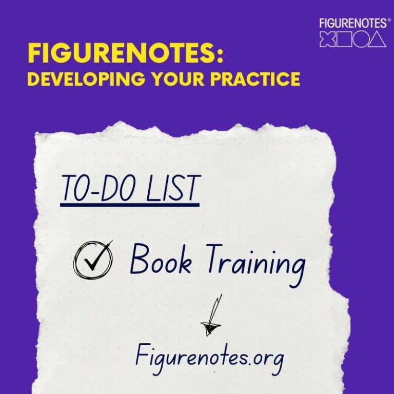 A to-do list on paper says Book Training. An arrow points to Figurenotes.org. Title reads Figurenotes: Developing Your Practice.