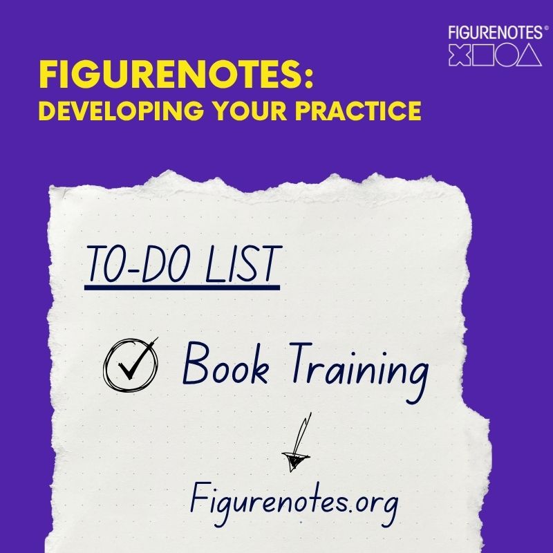A to-do list on paper says Book Training. An arrow points to Figurenotes.org. Title reads Figurenotes: Developing Your Practice.
