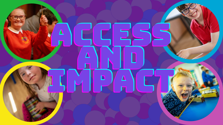 Neon style text says "access and impact" on a purple background with confetti slightly visable in the background. In each corner, a round boarder surrounds images of young people smiling and playing music.