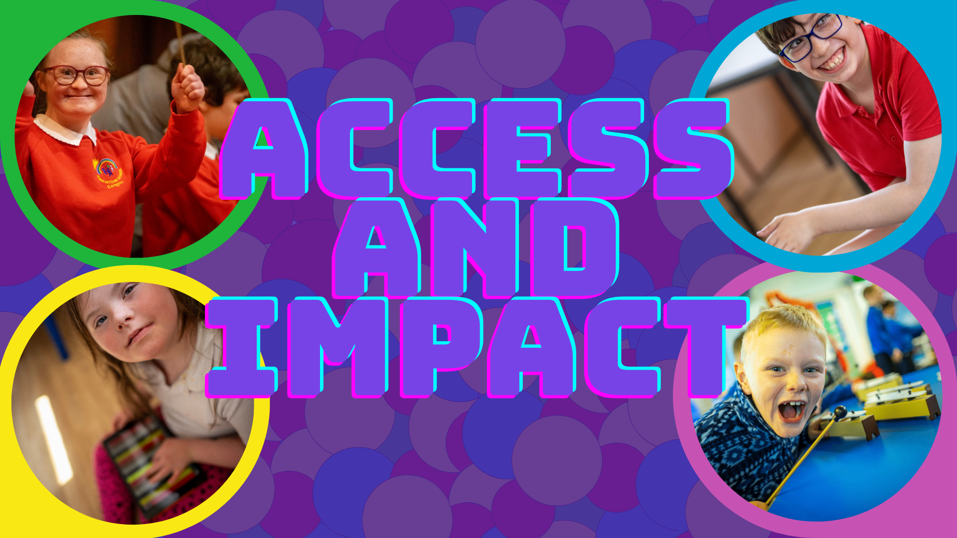 Neon style text says "access and impact" on a purple background with confetti slightly visable in the background. In each corner, a round boarder surrounds images of young people smiling and playing music.