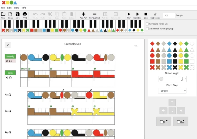 The Notate programme screen. A Figurenotes score sits below the toolbar, including a virtual keyboard with Figurenotes shapes
